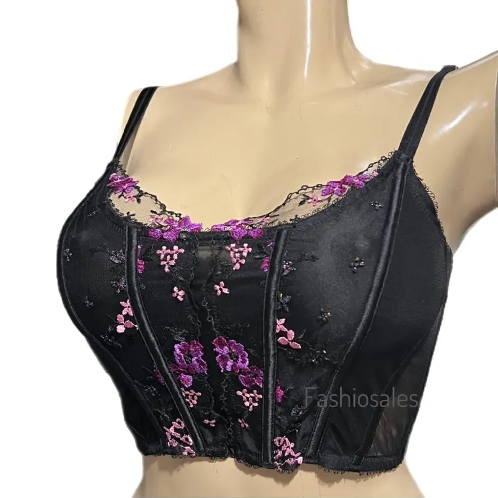 Victorias Secret Very Sexy Unlined Black Floral Embroidery Corset Top